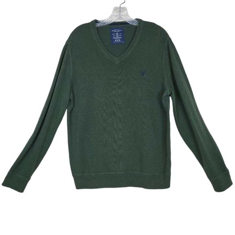 American Eagle V-Neck Sweater Men M Green Cotton Knit Pullover Classic Fit - Picture 1 of 6